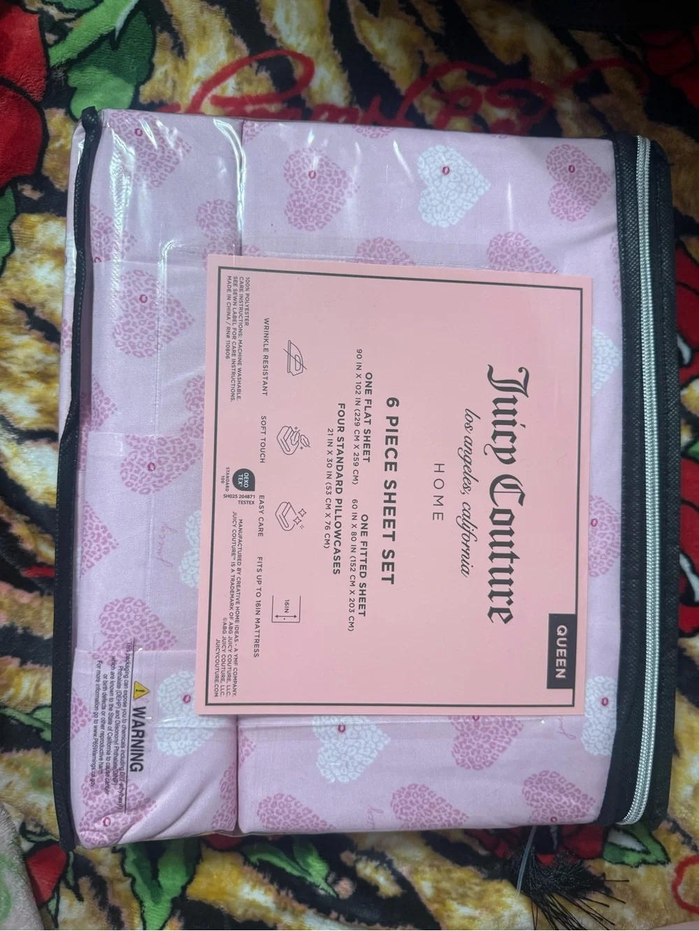 Juicy Couture Pink Heart Pattern 6-Piece Queen Sheet Set